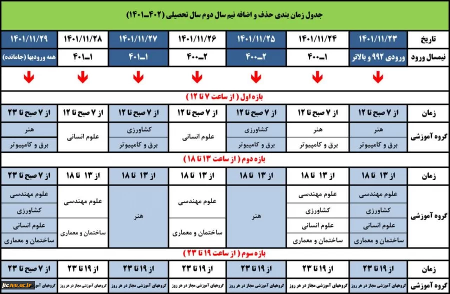 جدول زمانبندی حذف و اضافه نیمسال دوم