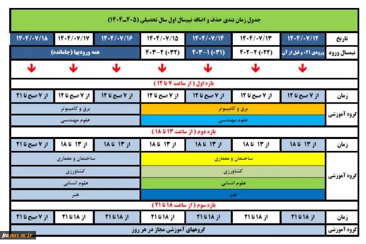 جدول زمان بندی حذف و اضافه